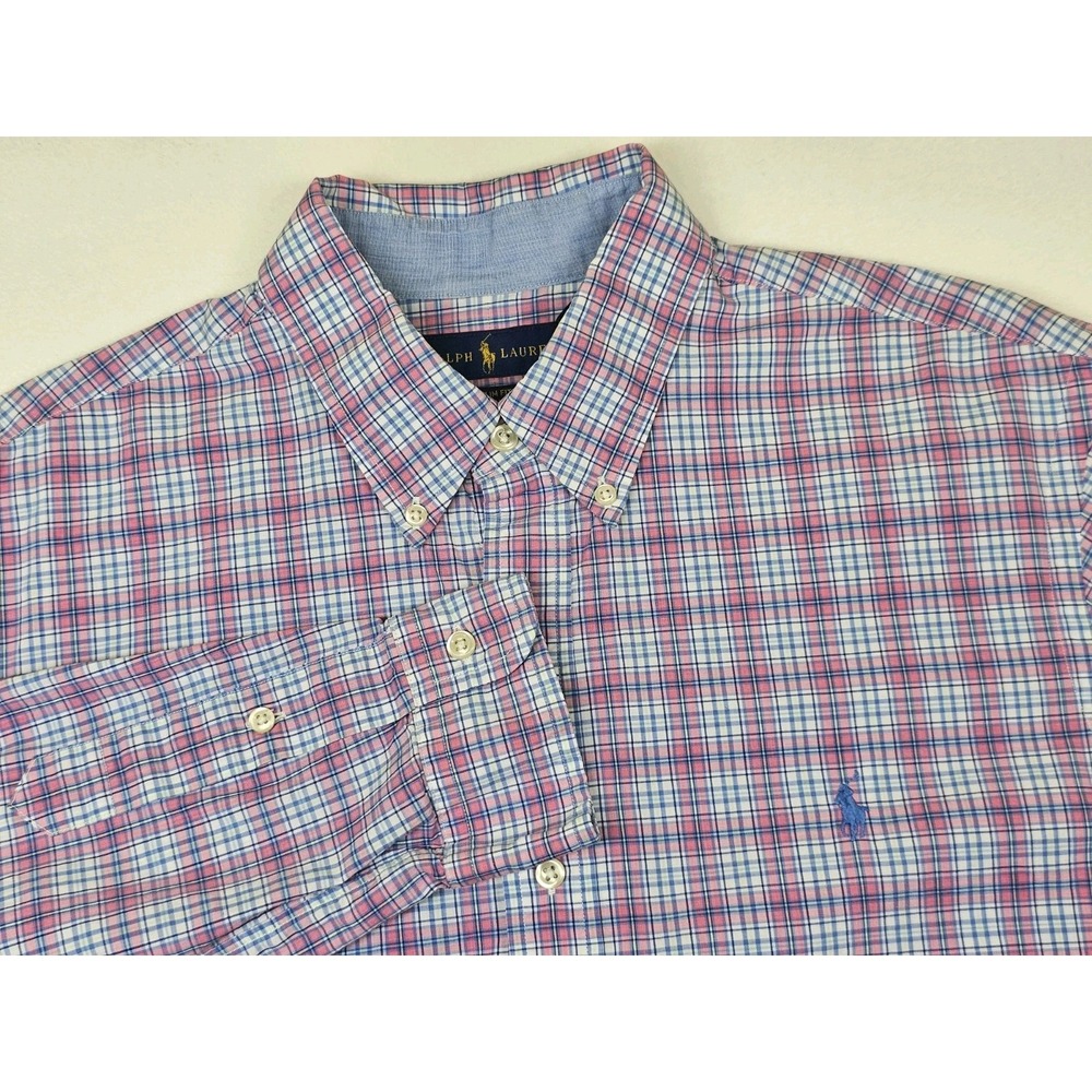 Ralph Lauren‎ Shirt Mens Large Pink Blue Plaid Classic Fit Button Down Vintage